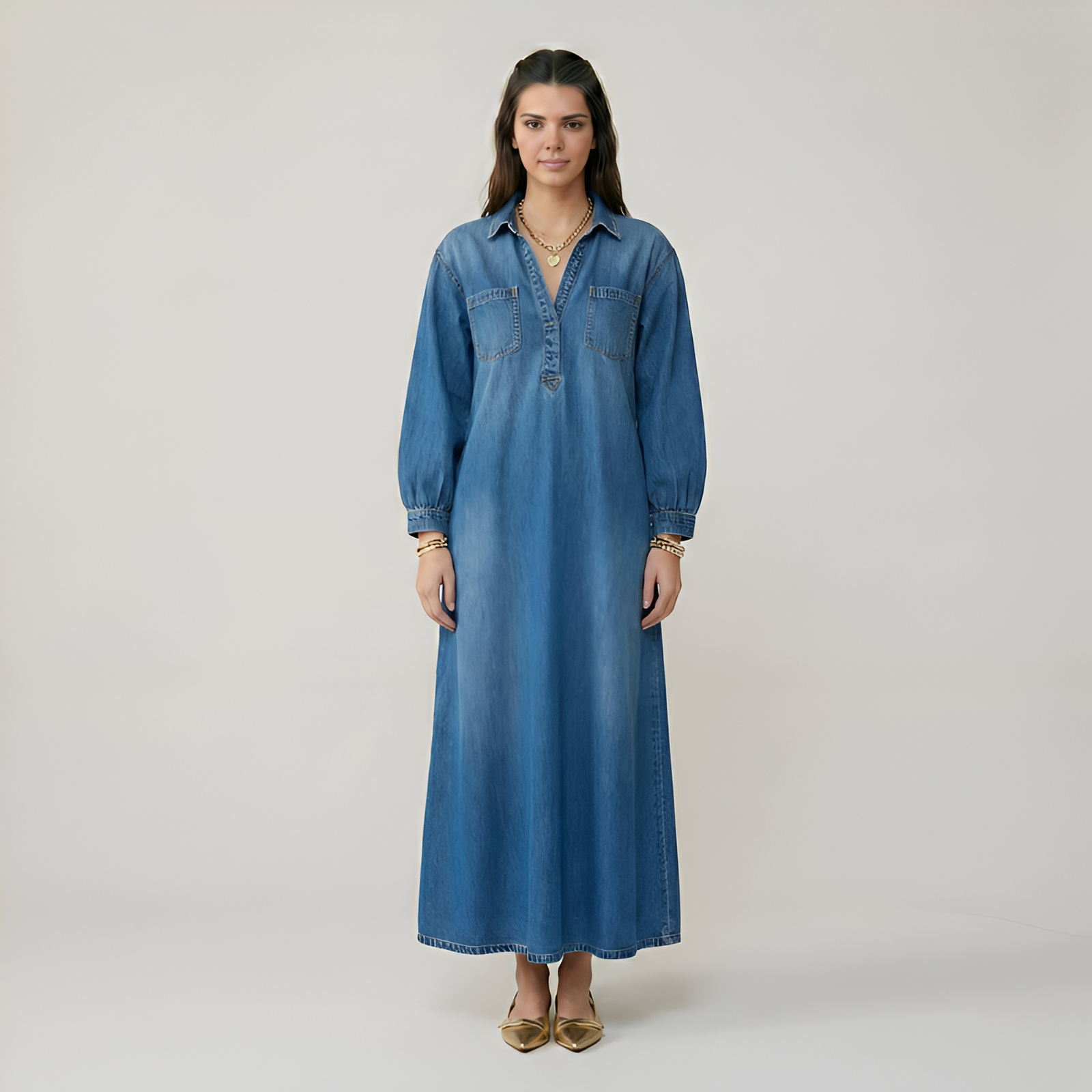 Long Sleeve Denim Maxi Dress For Women — view 3