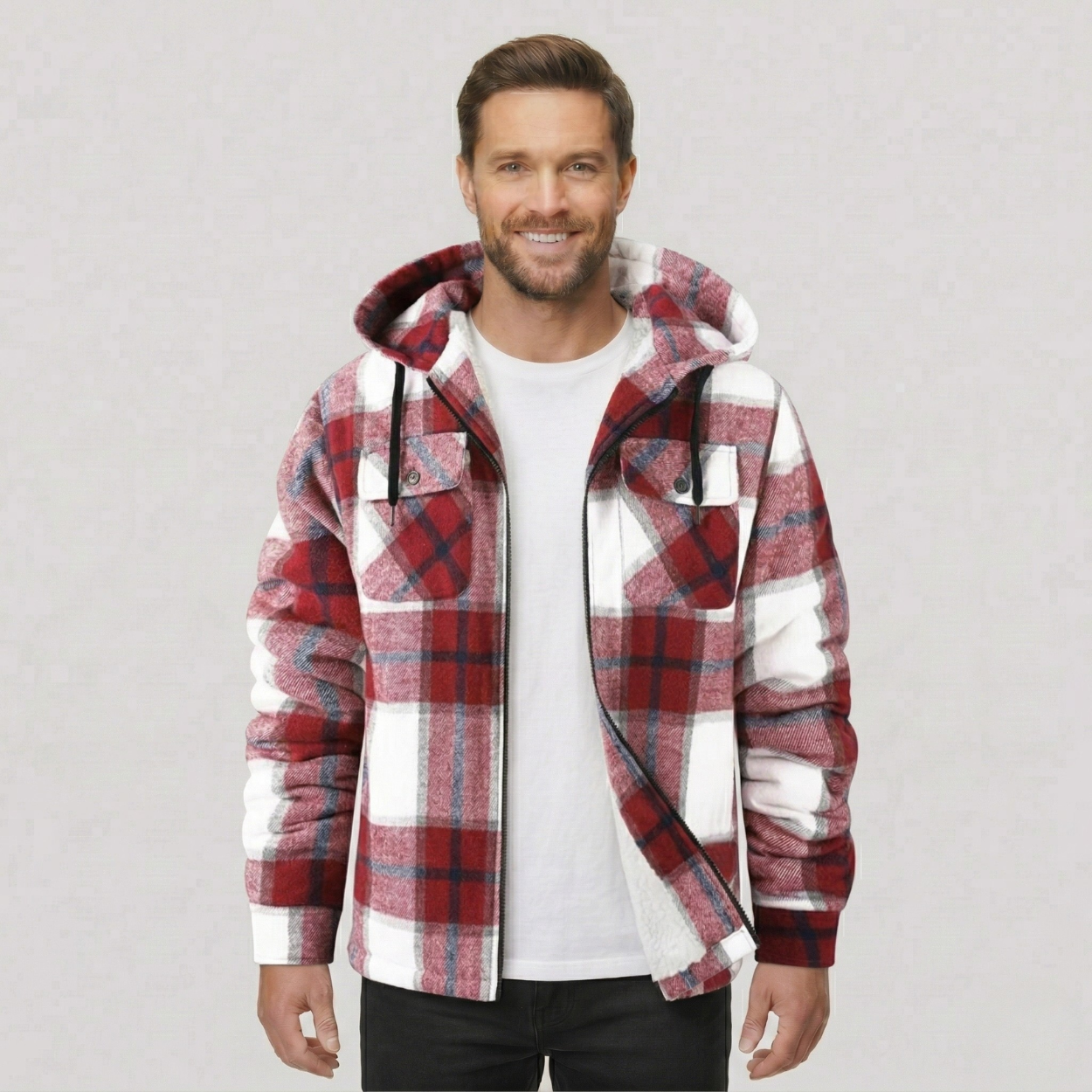 Everyday Plaid Flannel Sherpa Lined Hoodie Jacket — view 11