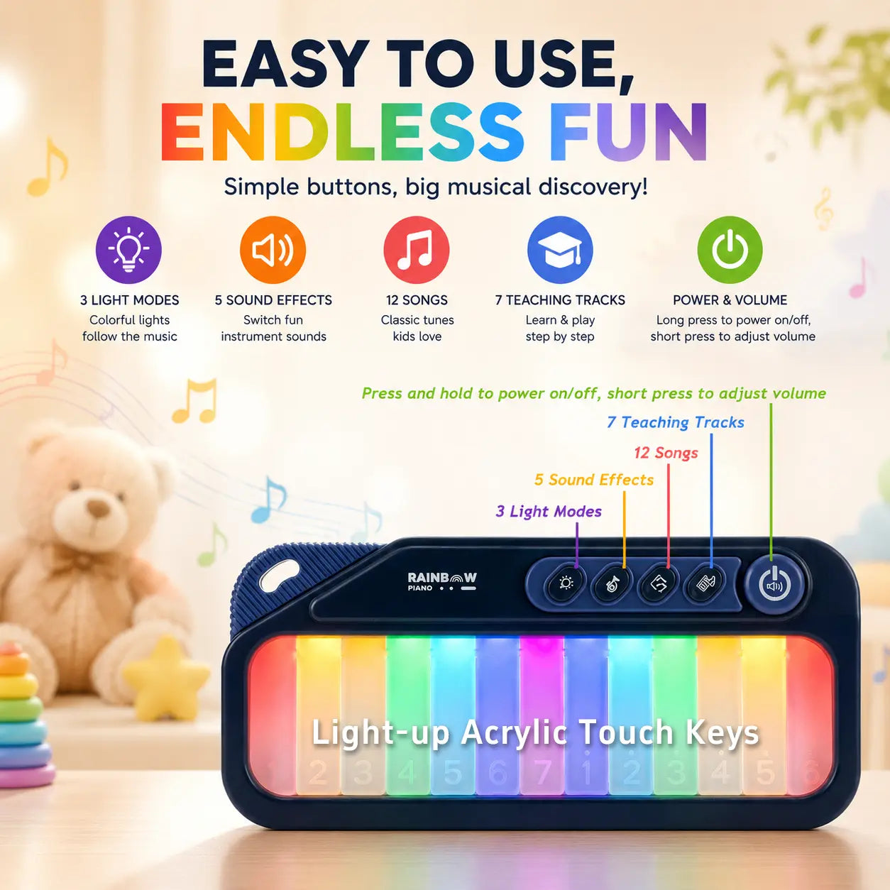 Kids Mini Piano Toy W/Rainbow Lights, Toddler Pocket Travel Piano Keyboard for 1-3, Portable Musical Instrument Toys, Mu