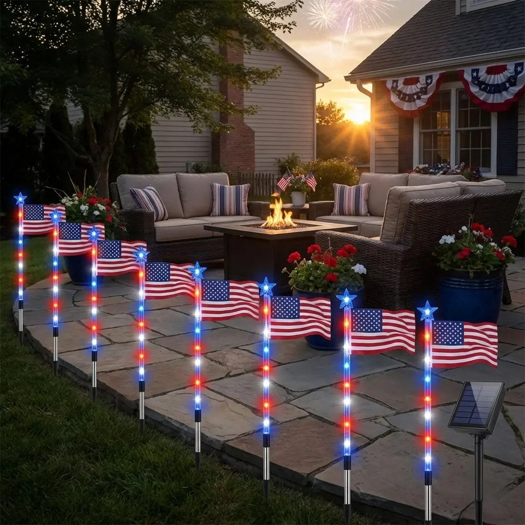 American Flag Solar Lights at dusk