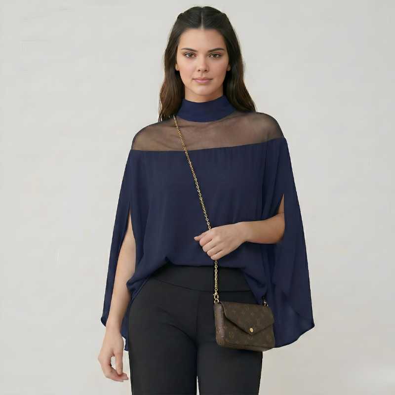 Mesh Yoke Batwing Sleeve Loose Fit Top For Women — view 3