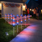 Pathway lined with American Flag solar lights