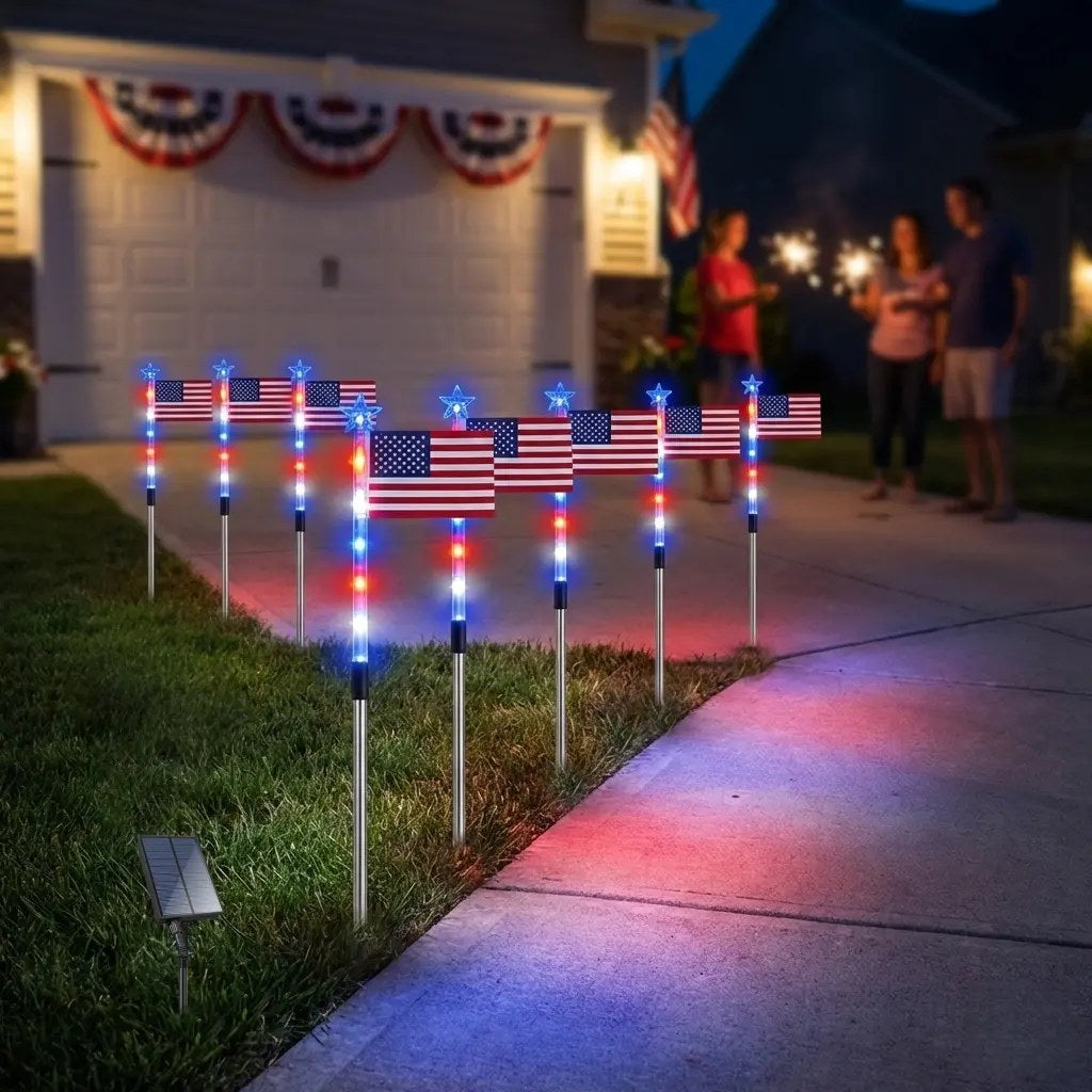 Pathway lined with American Flag solar lights