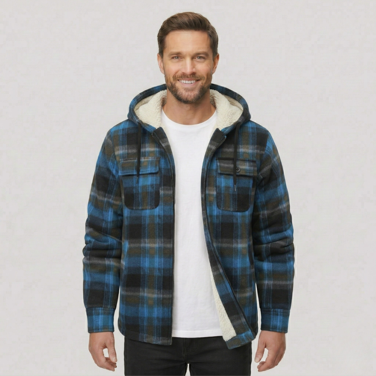 Everyday Plaid Flannel Sherpa Lined Hoodie Jacket — view 4