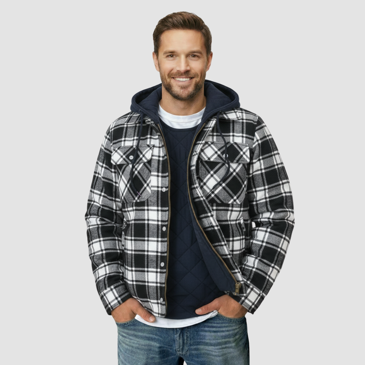 Quilted Hooded Plaid Flannel Jacket — view 2