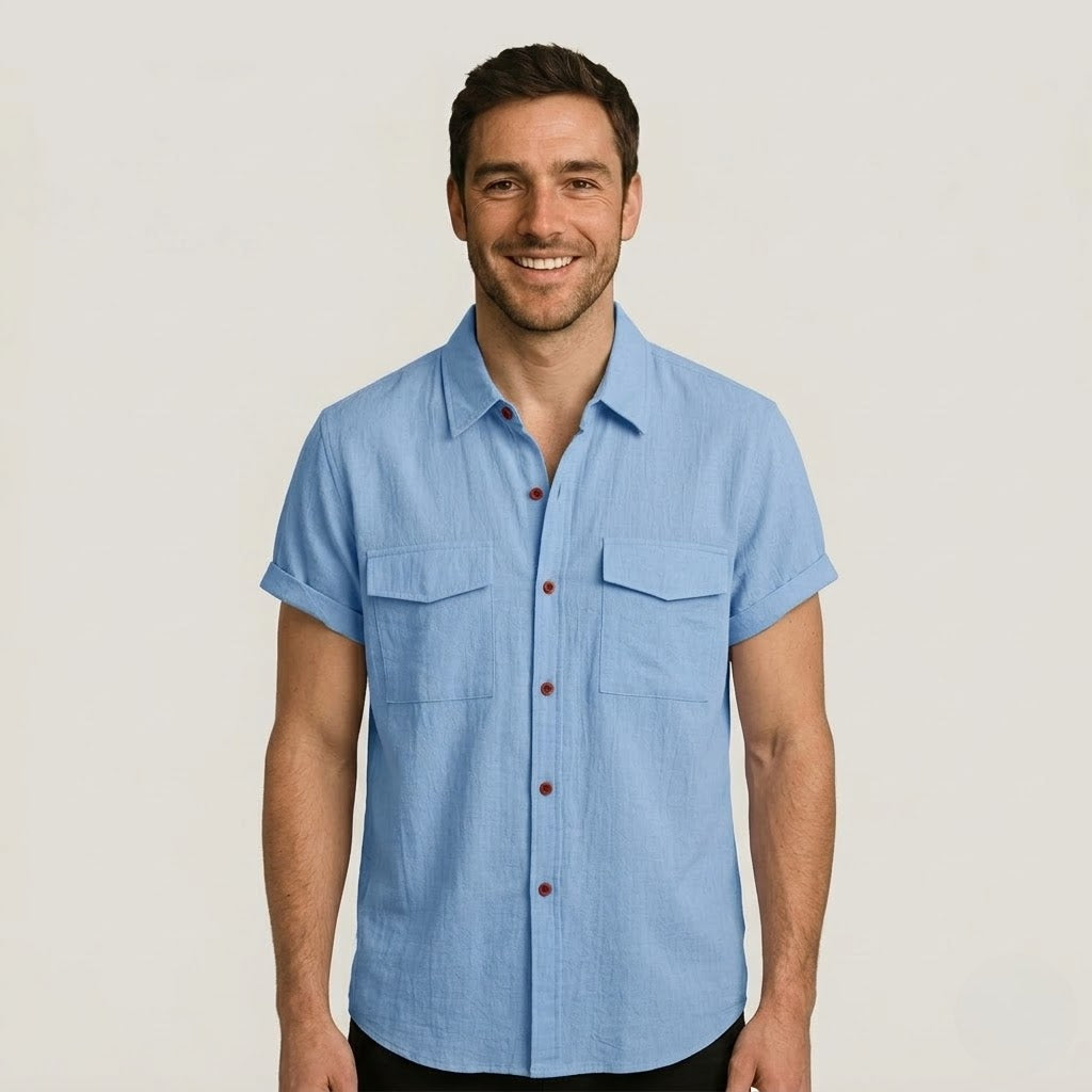 Linen Blend Short Sleeve Button Down Shirt — view 6