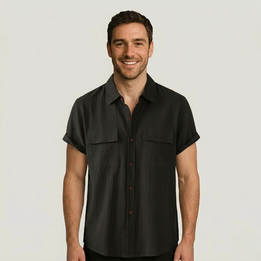 Linen Blend Short Sleeve Button Down Shirt — view 4