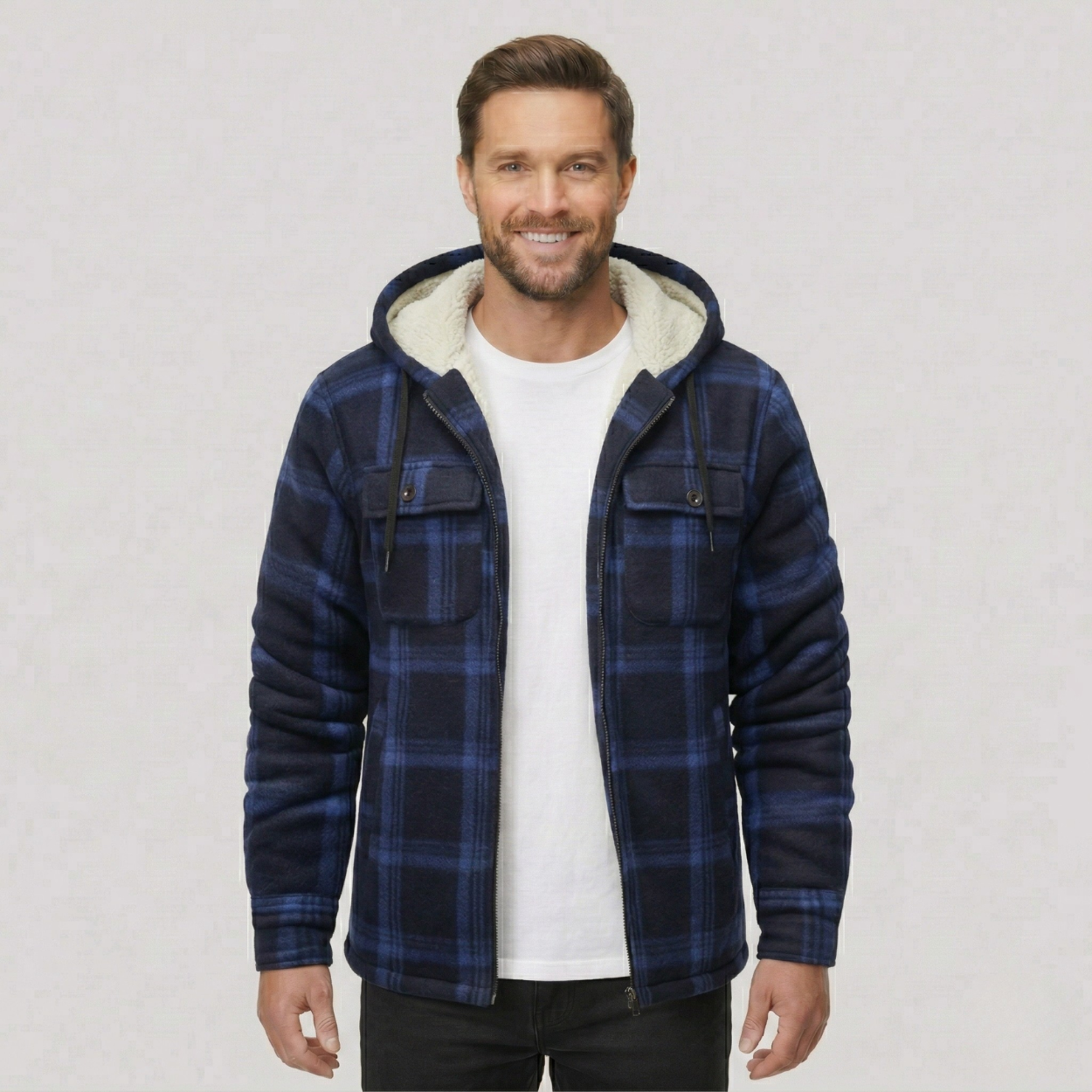 Everyday Plaid Flannel Sherpa Lined Hoodie Jacket — view 5