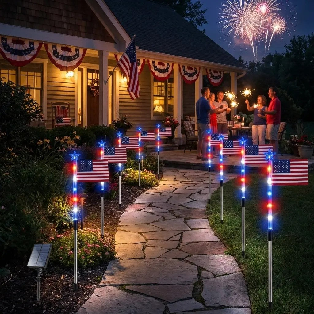 American Flag solar lights with fireworks