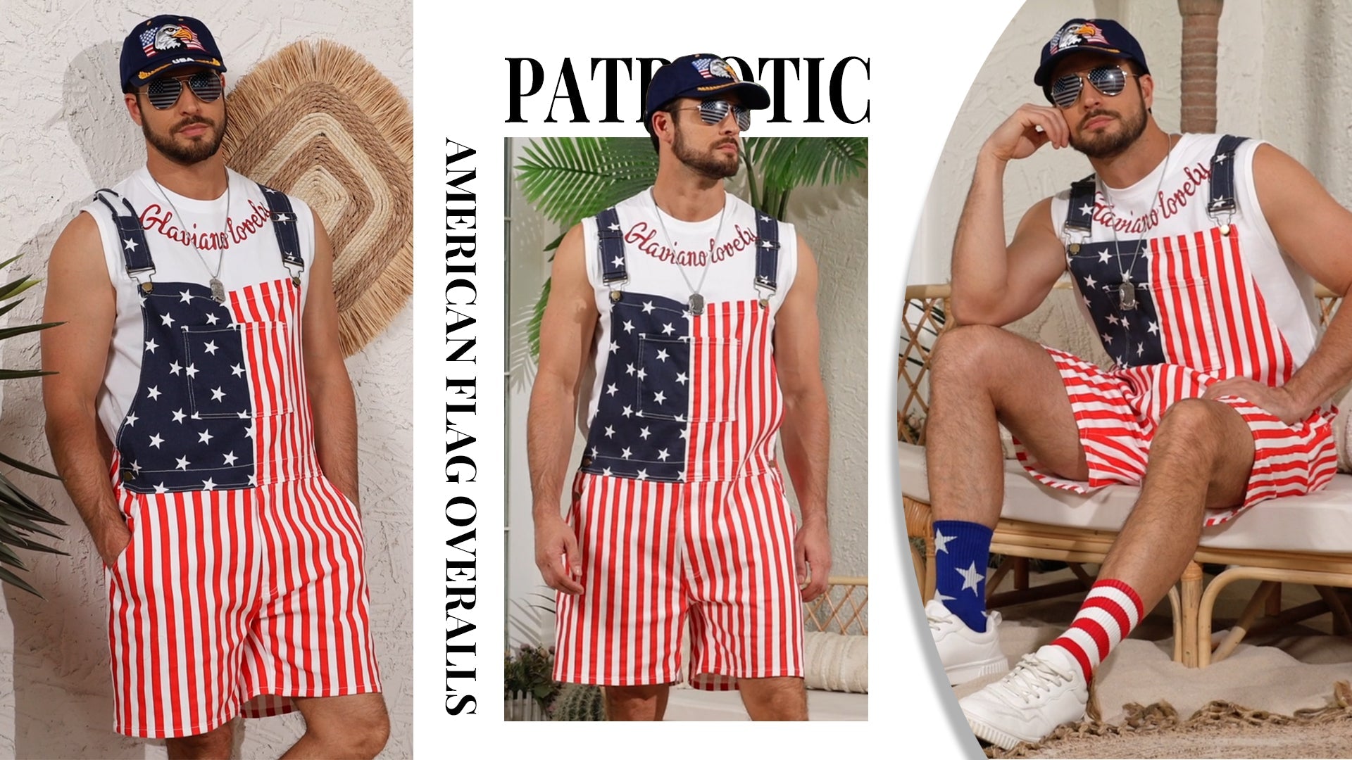 250th Anniversary American Flag Overalls Denim Bib Jumpsuit Shorts Jean Romper for Men(Red White Blue,2XL) — view 2