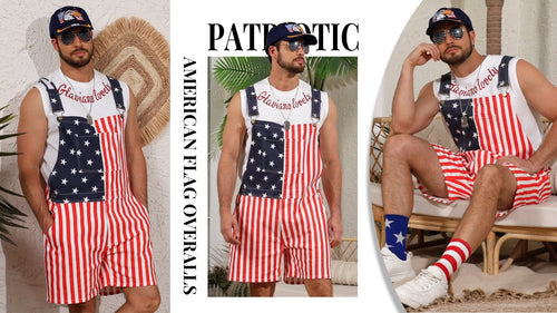 250th Anniversary American Flag Overalls Denim Bib Jumpsuit Shorts Jean Romper for Men(Red White Blue,2XL) — view 2