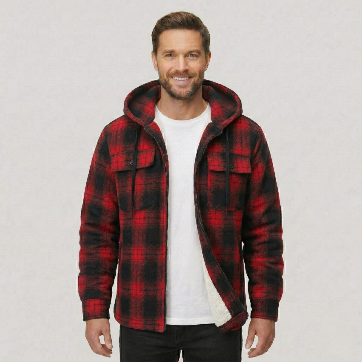 Everyday Plaid Flannel Sherpa Lined Hoodie Jacket — view 6