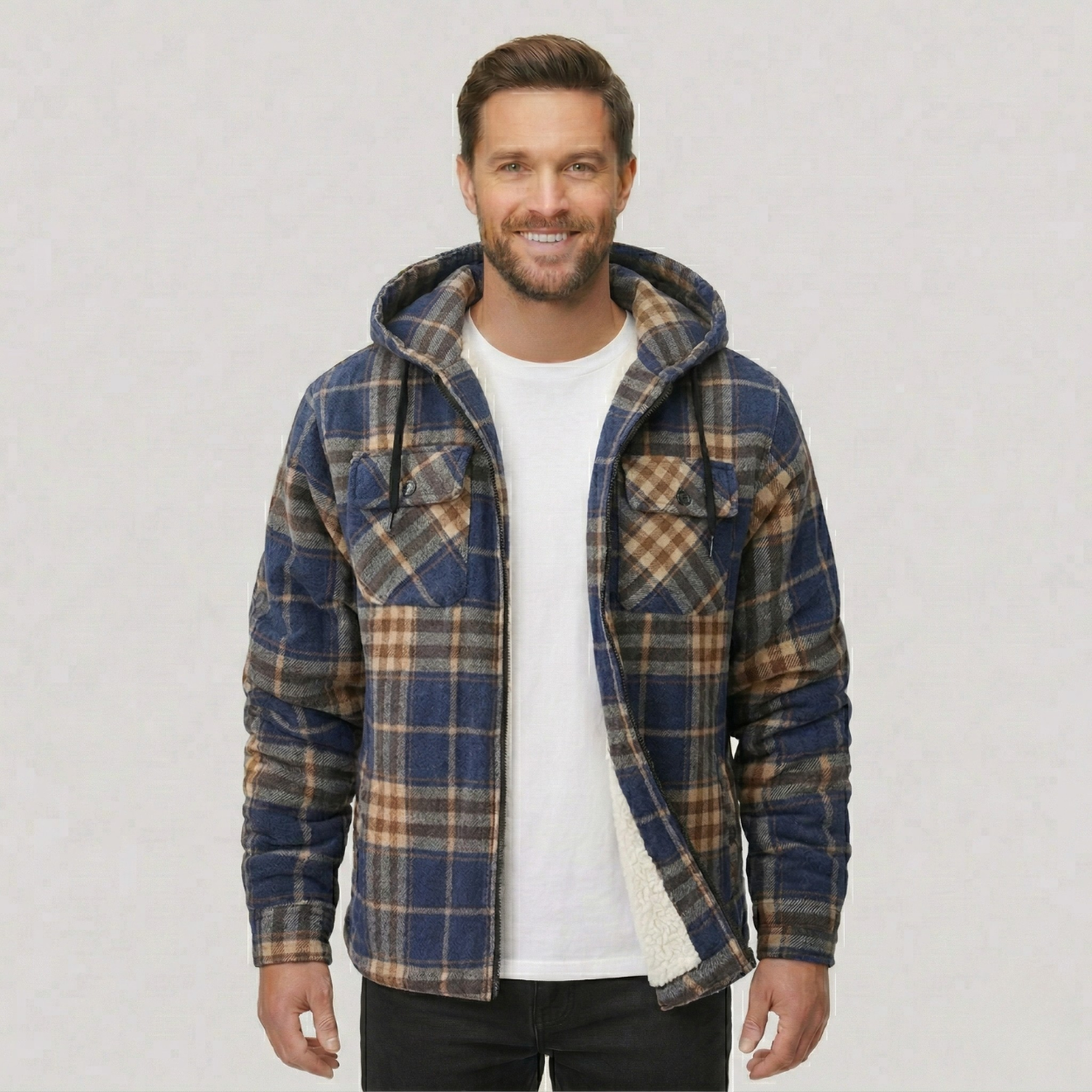 Everyday Plaid Flannel Sherpa Lined Hoodie Jacket — view 3