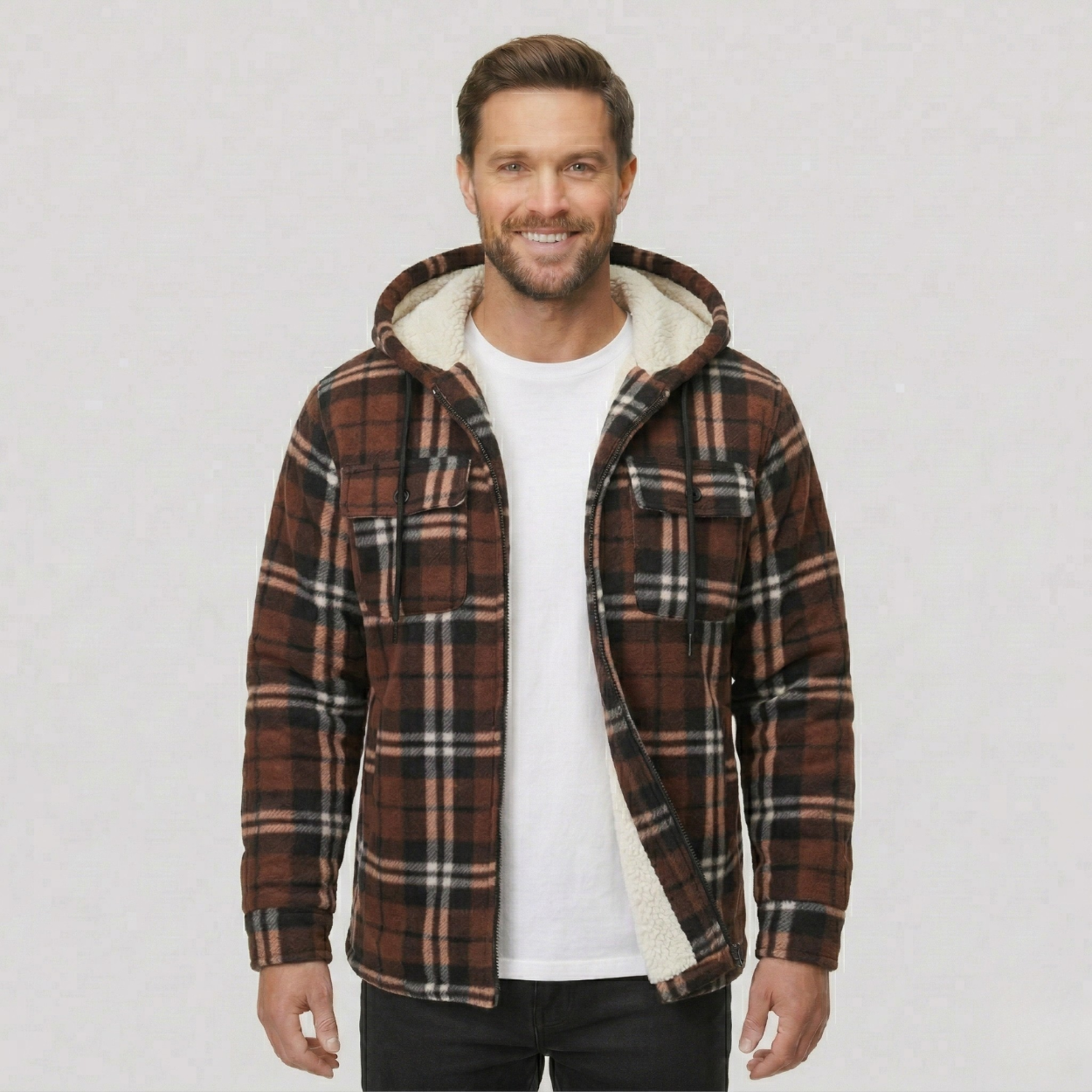 Everyday Plaid Flannel Sherpa Lined Hoodie Jacket — view 9