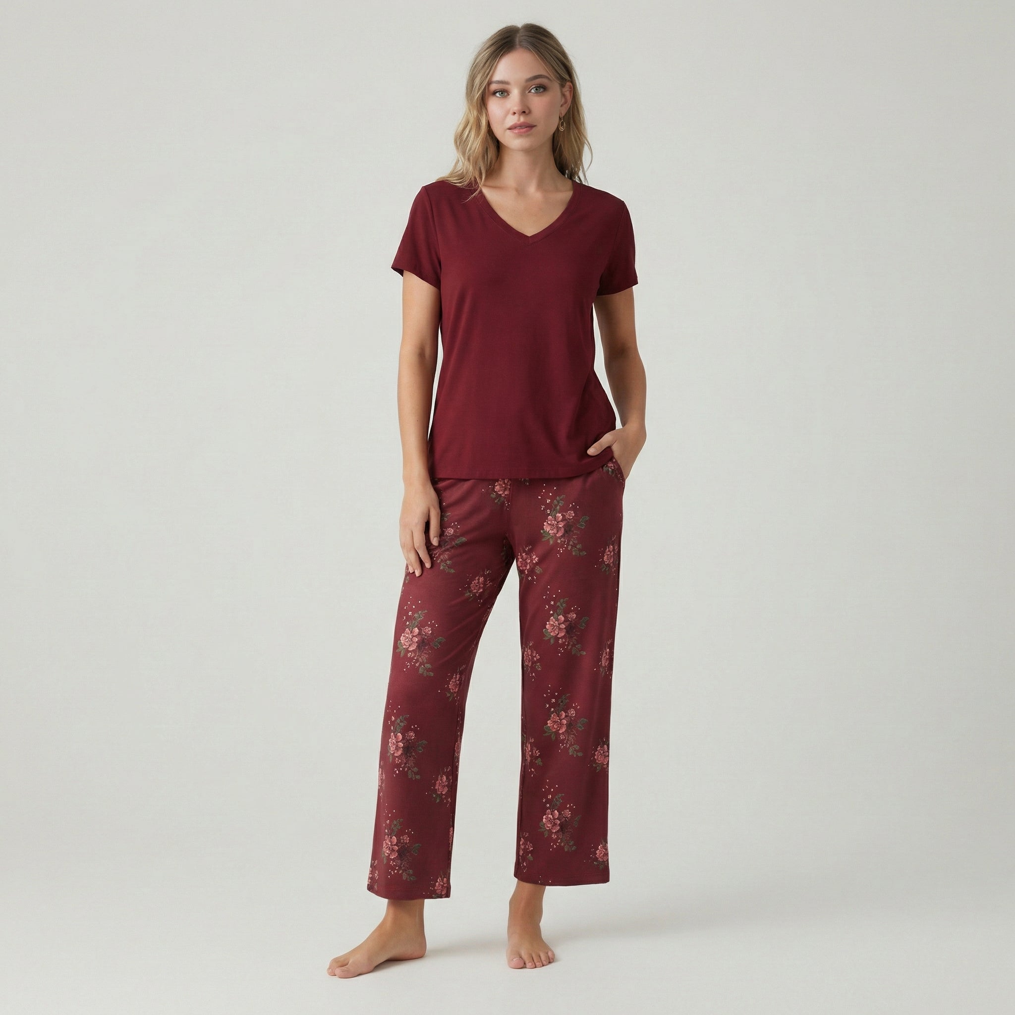 V Shaped Sleepwear And Capri Pajama Set