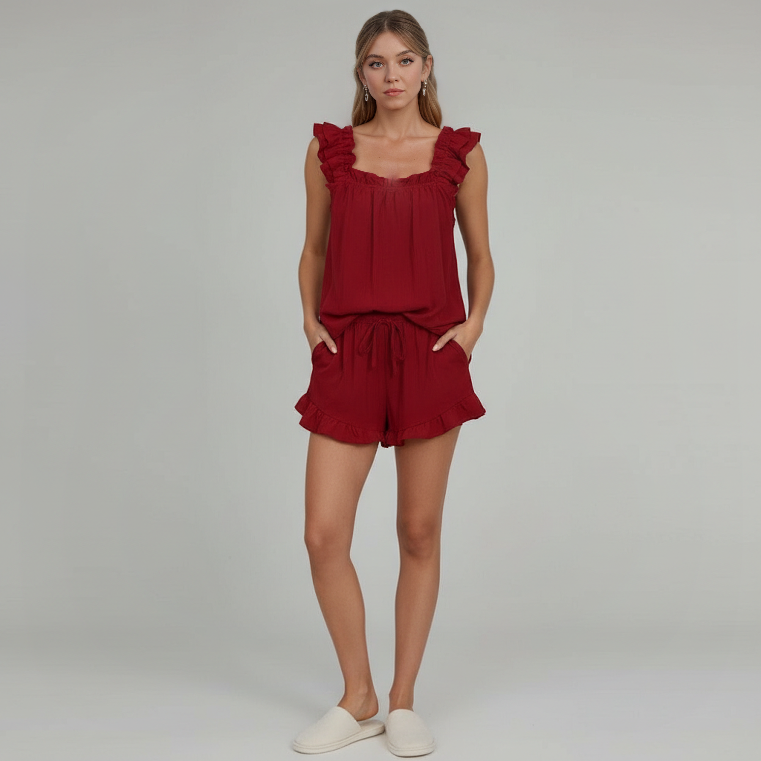 Sleeveless Ruffle Trim Two Piece Pajama Set — view 8