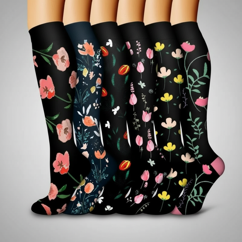 6 Pairs Of Flower Pattern Copper Compression Support Socks — view 6