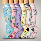 6 Pairs Of Flower Pattern Copper Compression Support Socks