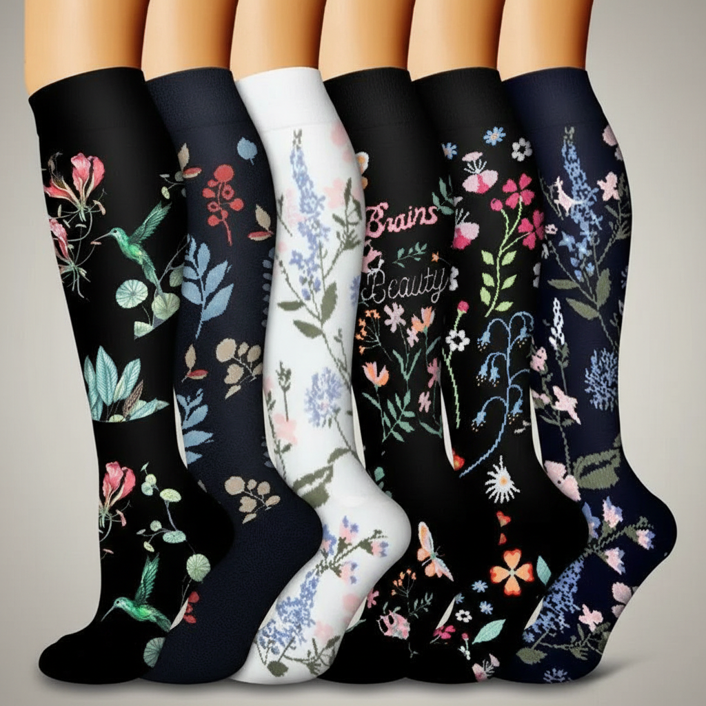 6 Pairs Of Flower Pattern Copper Compression Support Socks — view 3