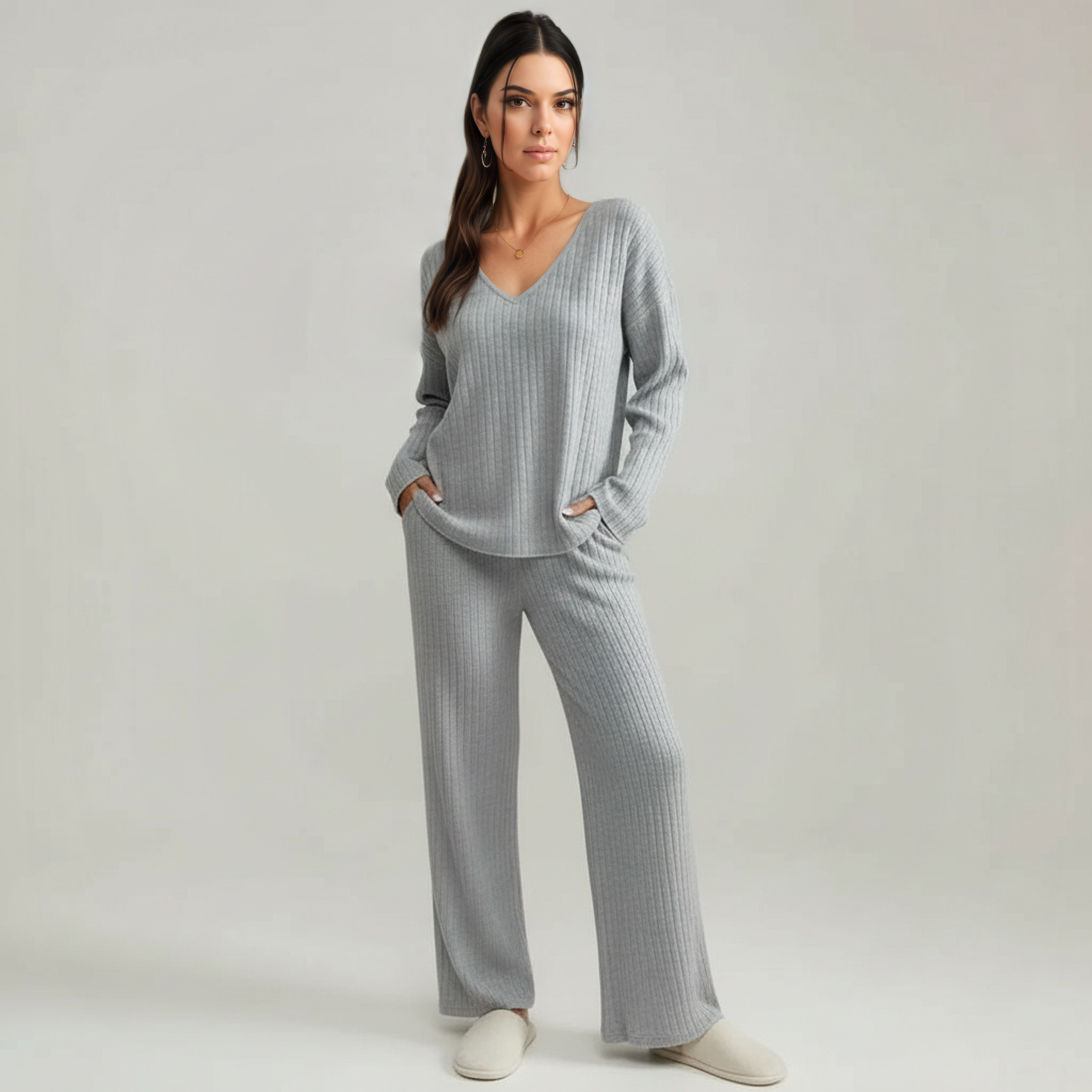 Pullover Ribbed Knit Matching Lounge Set — view 11