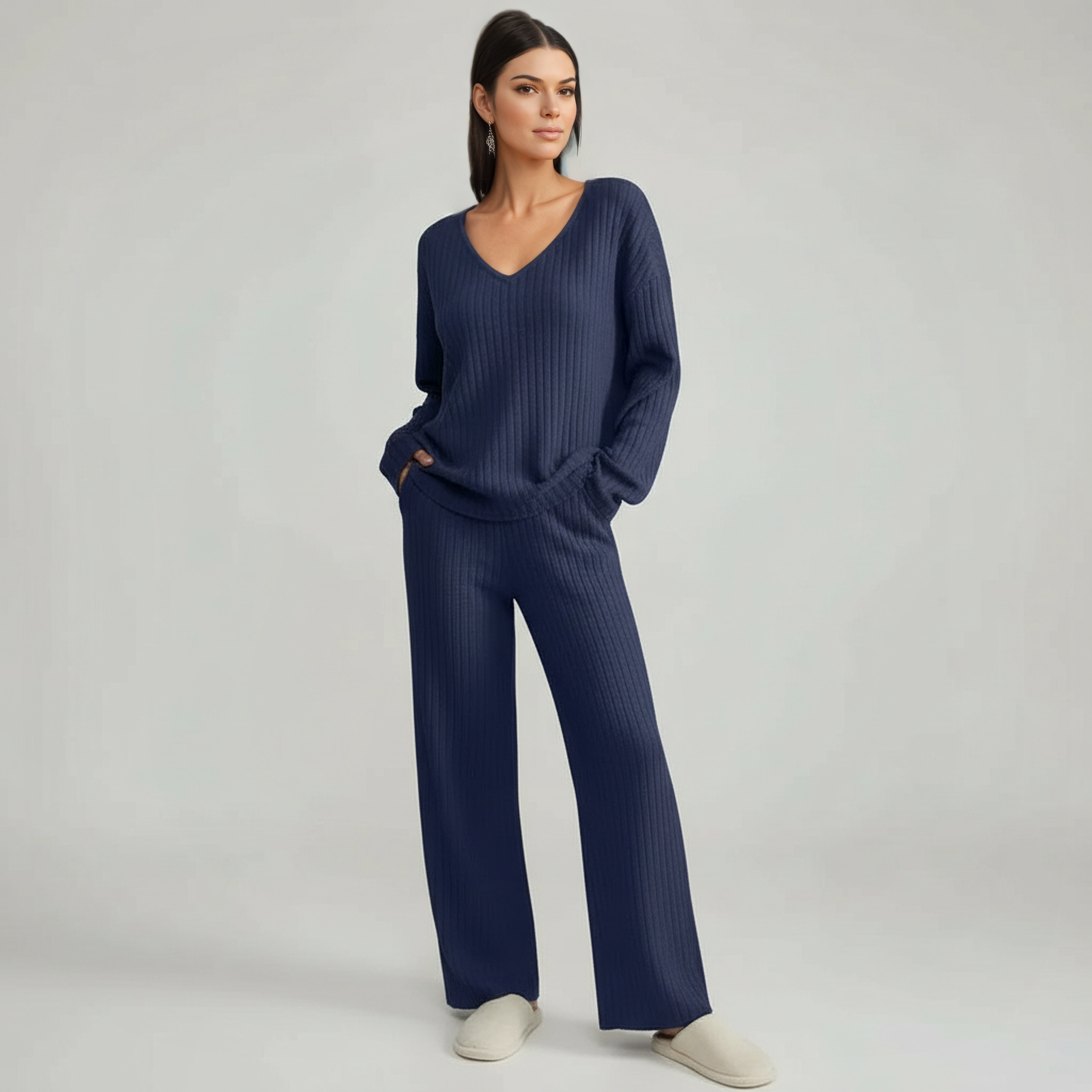 Pullover Ribbed Knit Matching Lounge Set — view 12
