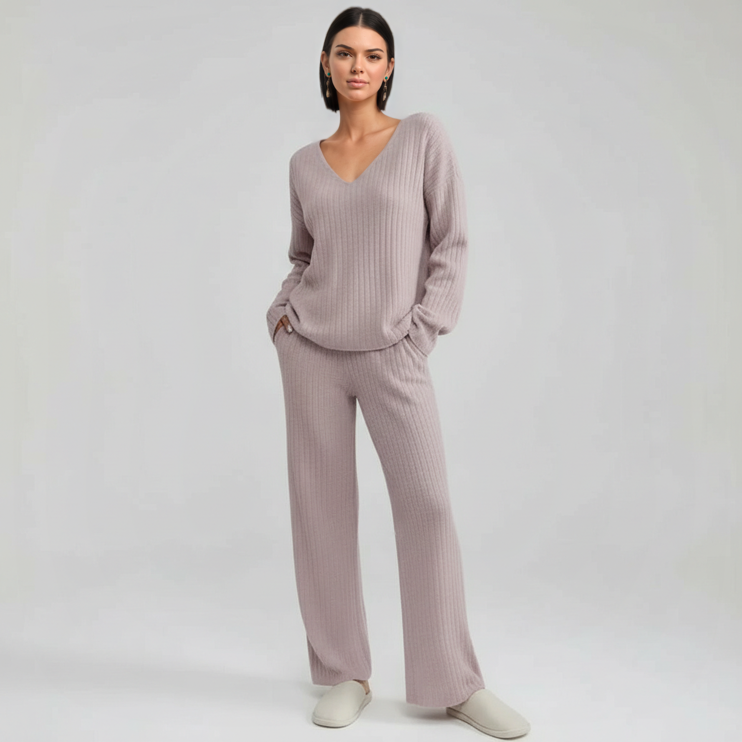Pullover Ribbed Knit Matching Lounge Set — view 4