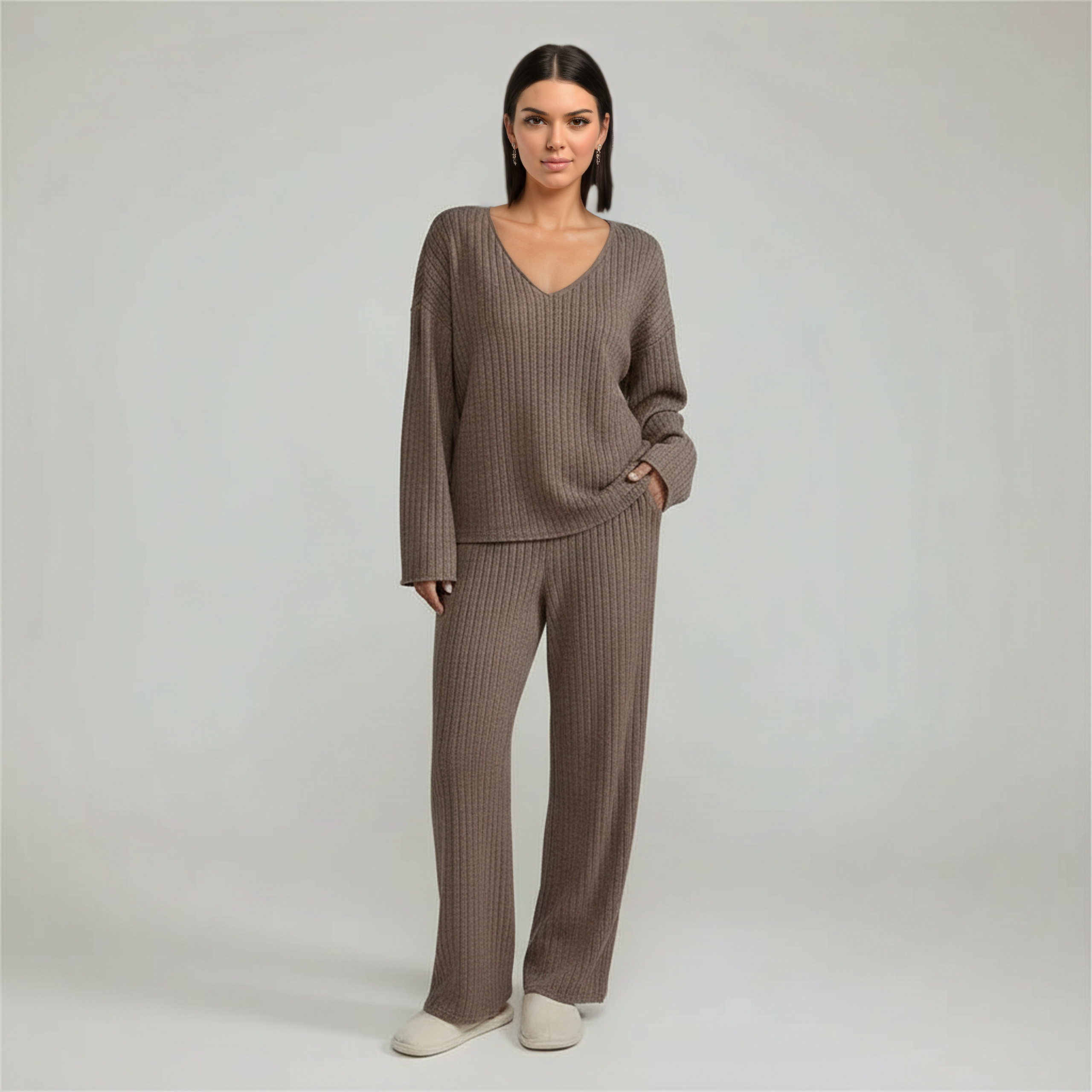 Pullover Ribbed Knit Matching Lounge Set — view 10