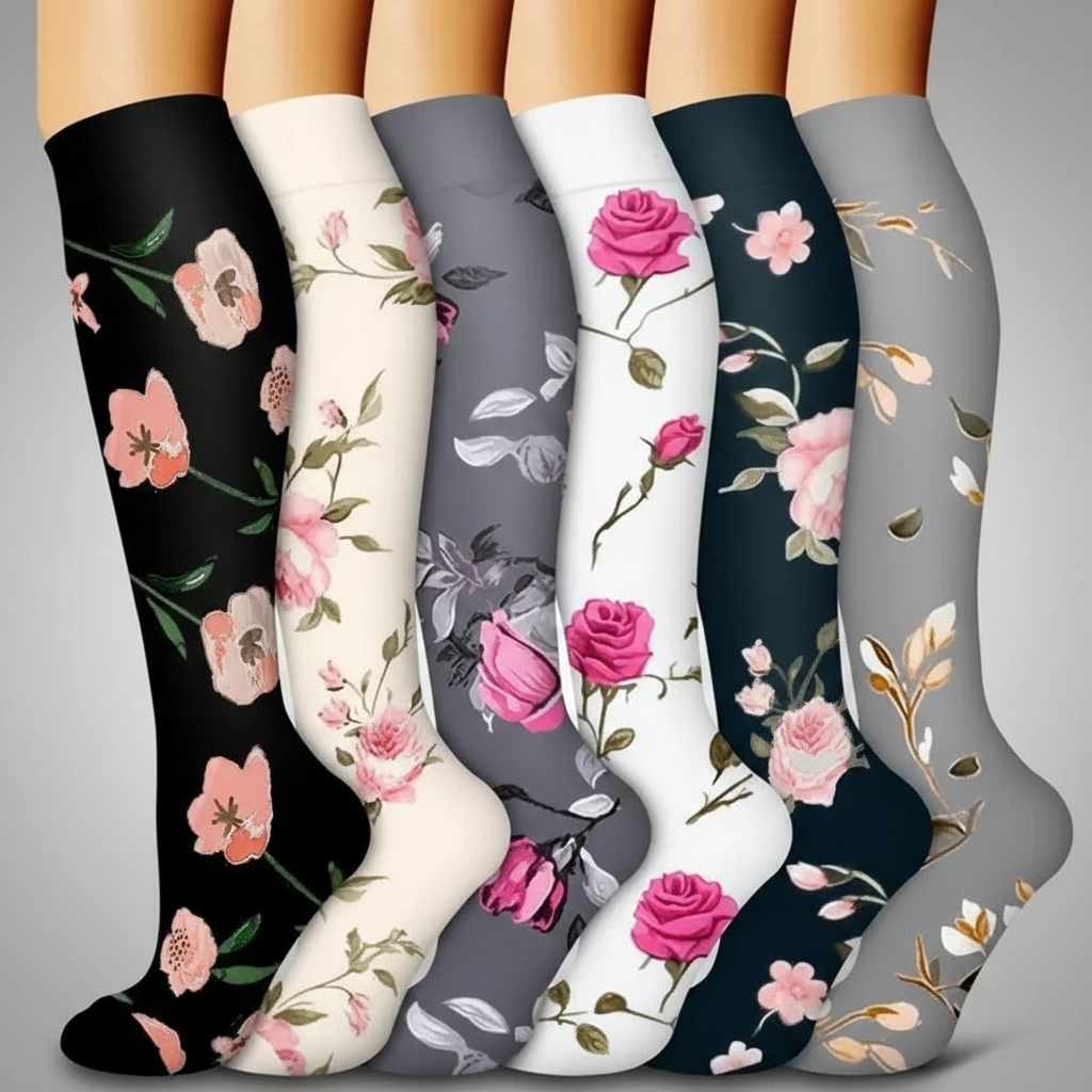 6 Pairs Of Flower Pattern Copper Compression Support Socks — view 2