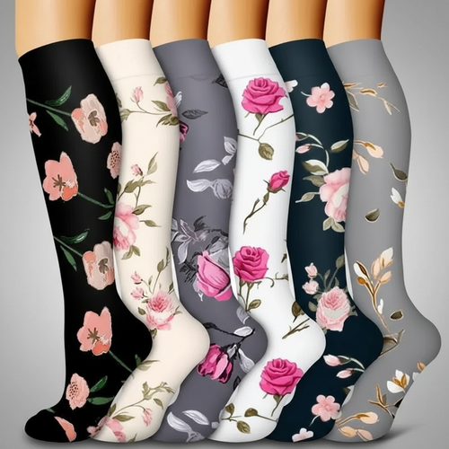6 Pairs Of Flower Pattern Copper Compression Support Socks — view 2