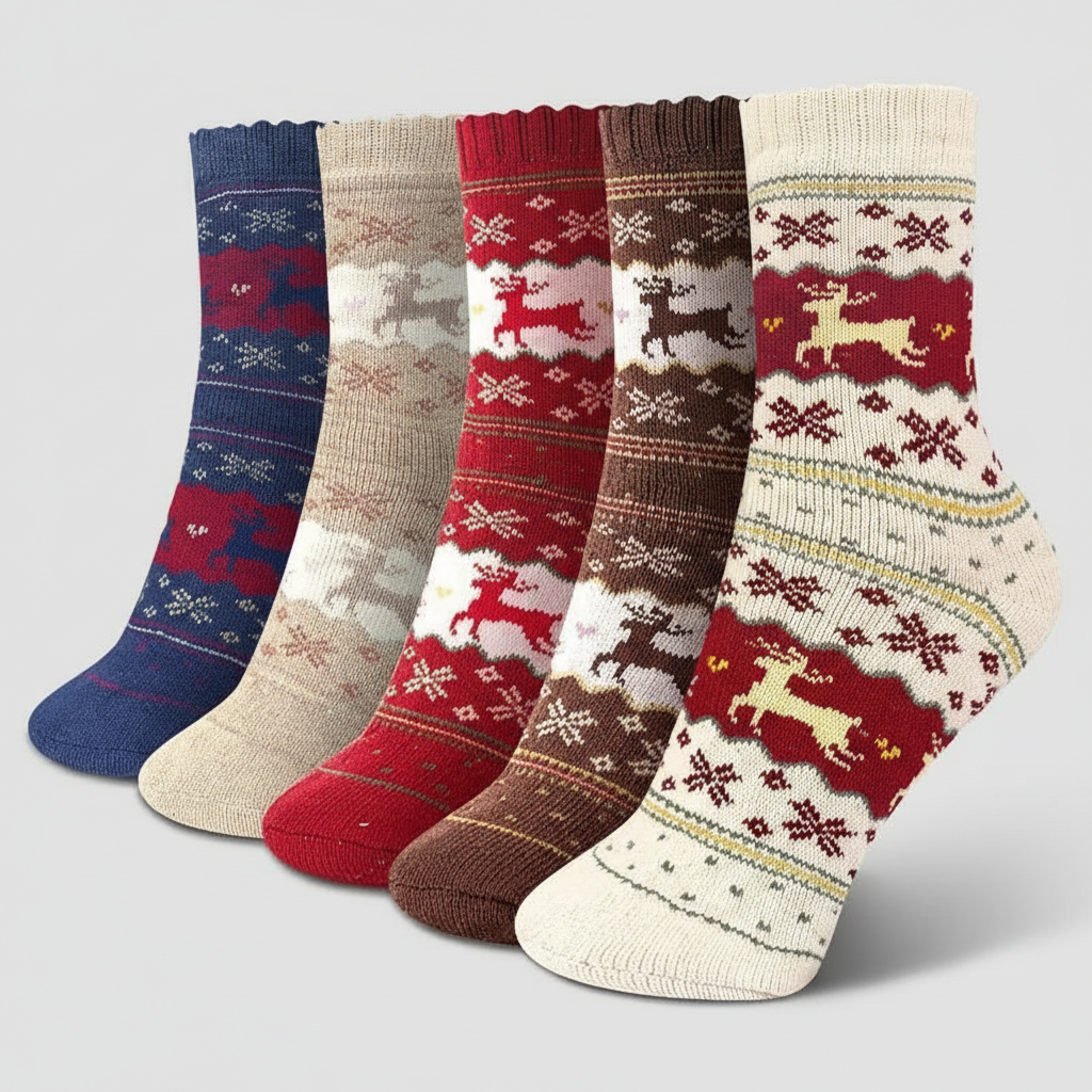 5 Pair Reindeer Design Knit Crew Socks — view 3