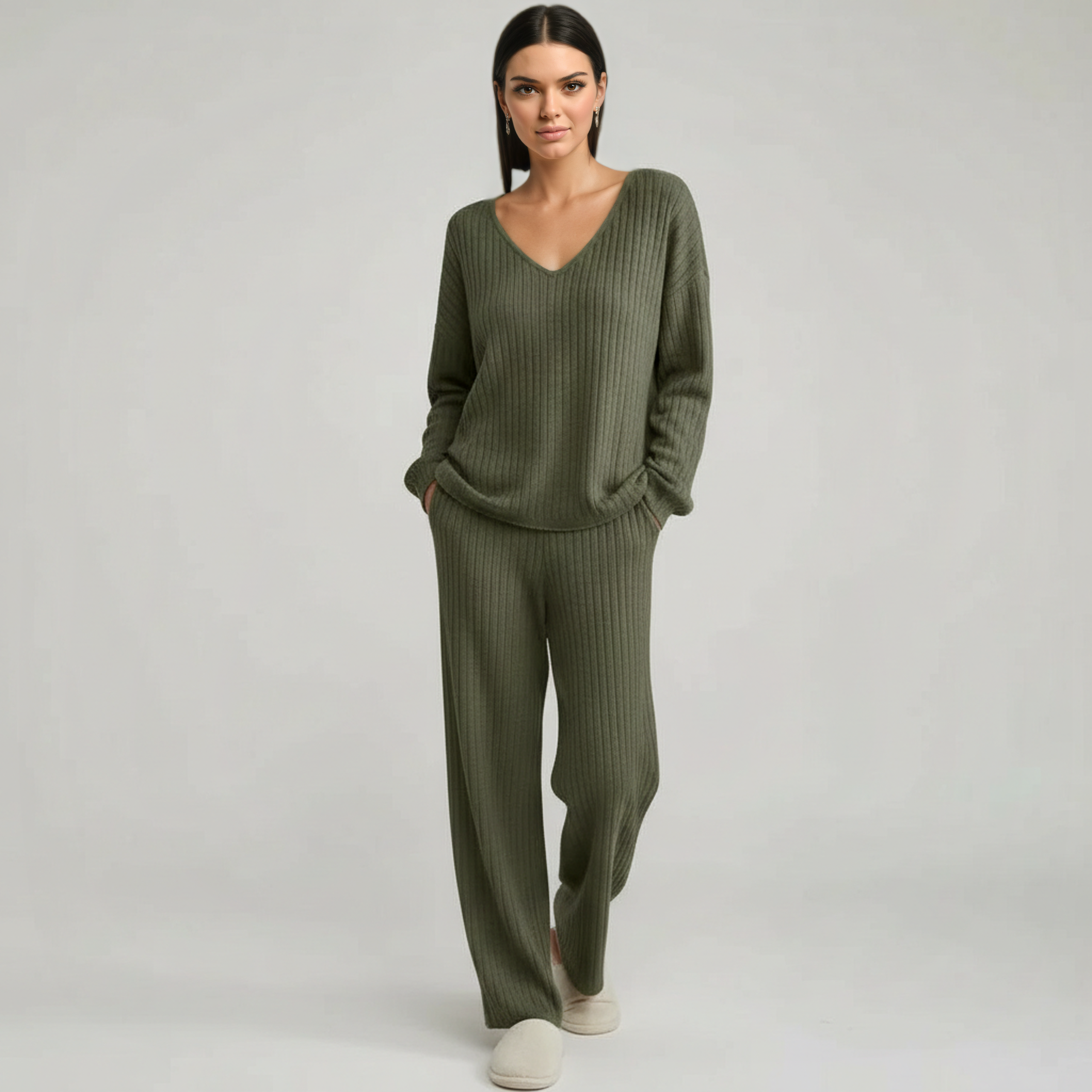 Pullover Ribbed Knit Matching Lounge Set — view 8