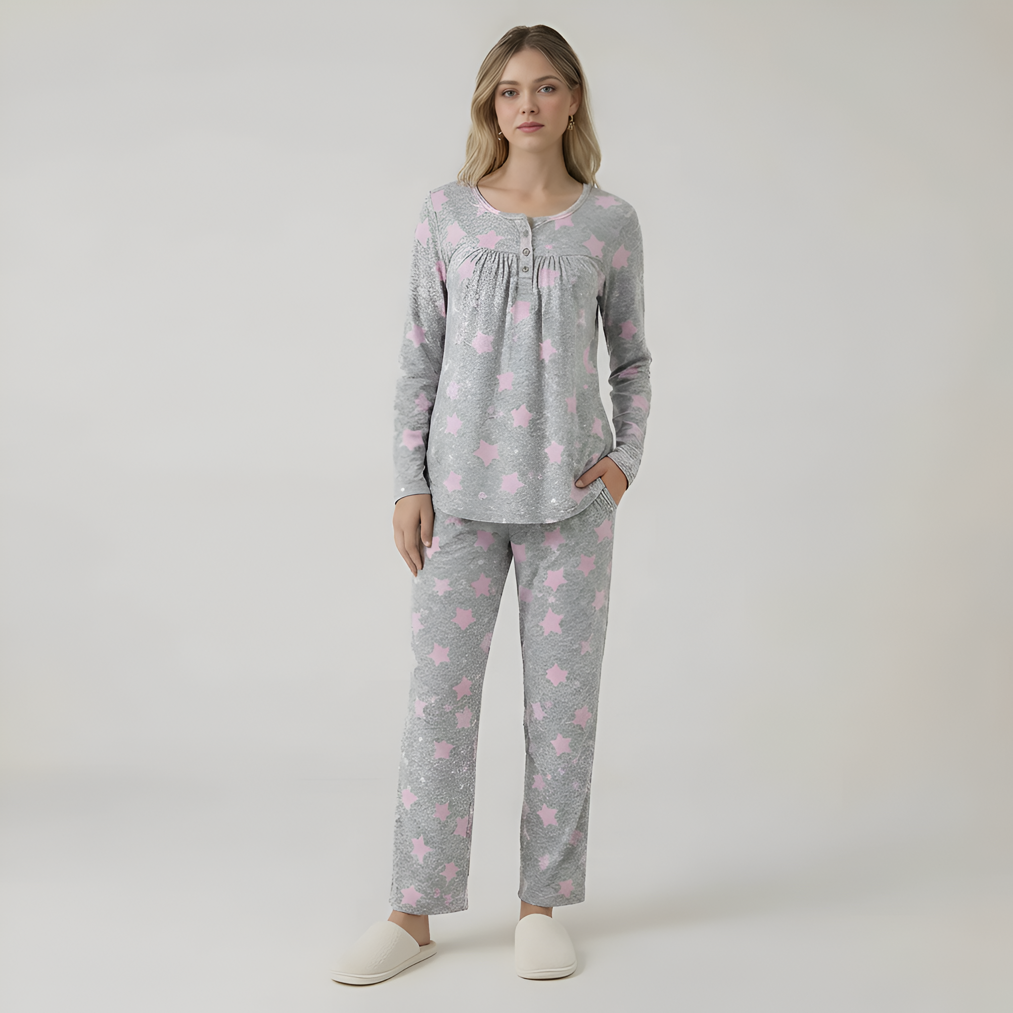 Long Sleeve Printed Pajama Set With Pockets — view 3