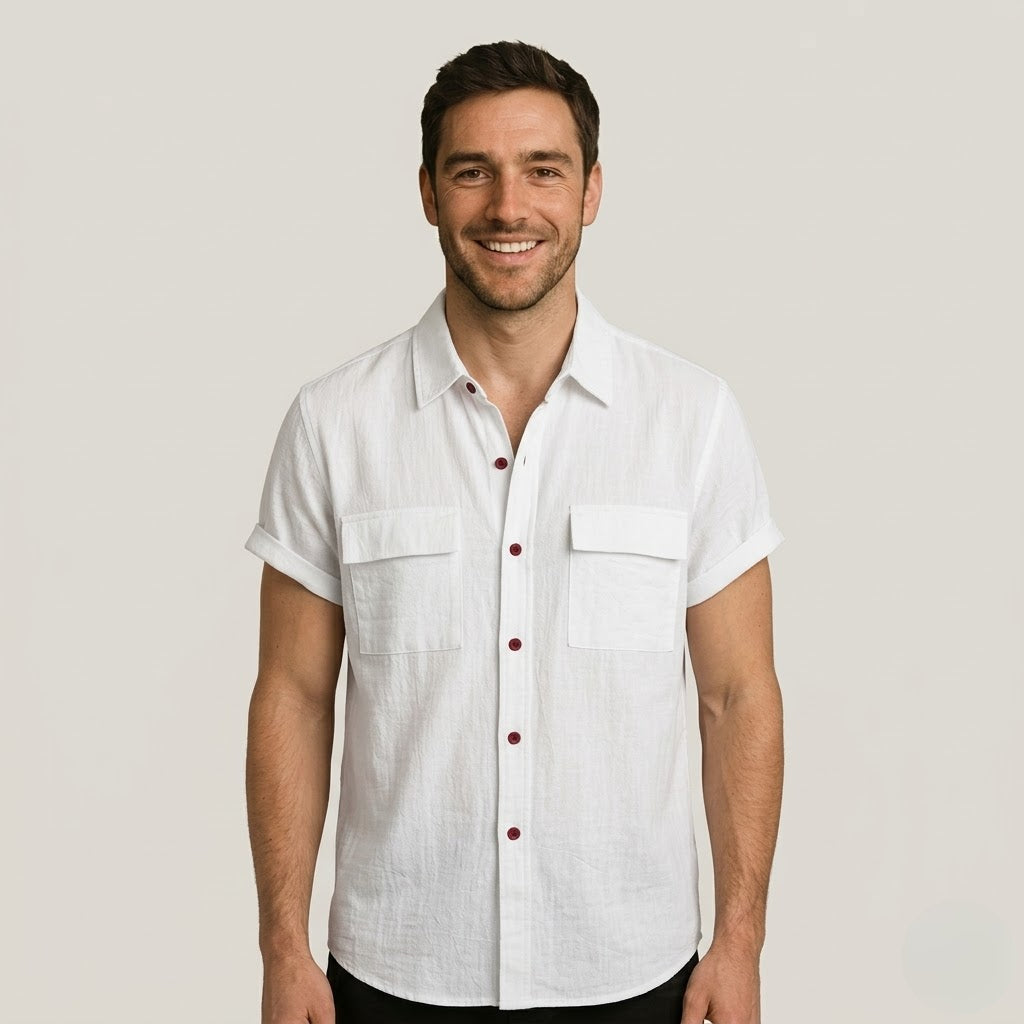 Linen Blend Short Sleeve Button Down Shirt — view 2