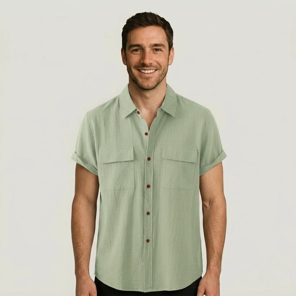 Linen Blend Short Sleeve Button Down Shirt — view 11