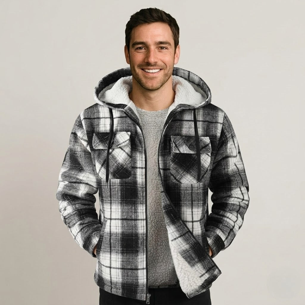 Sherpa Lined Plaid Flannel Zip Hoodie Jacket — view 2