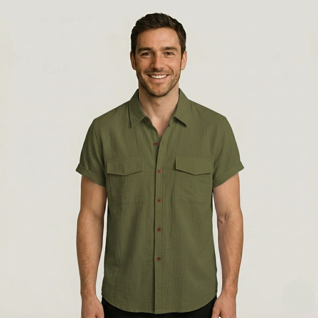 Linen Blend Short Sleeve Button Down Shirt — view 5