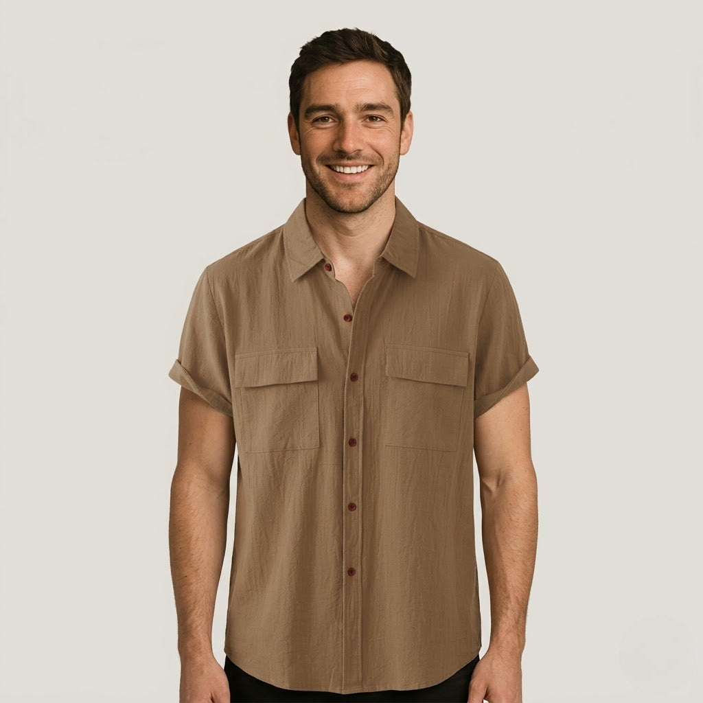 Linen Blend Short Sleeve Button Down Shirt — view 7