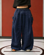 Flax pleated wide pants in navy linen