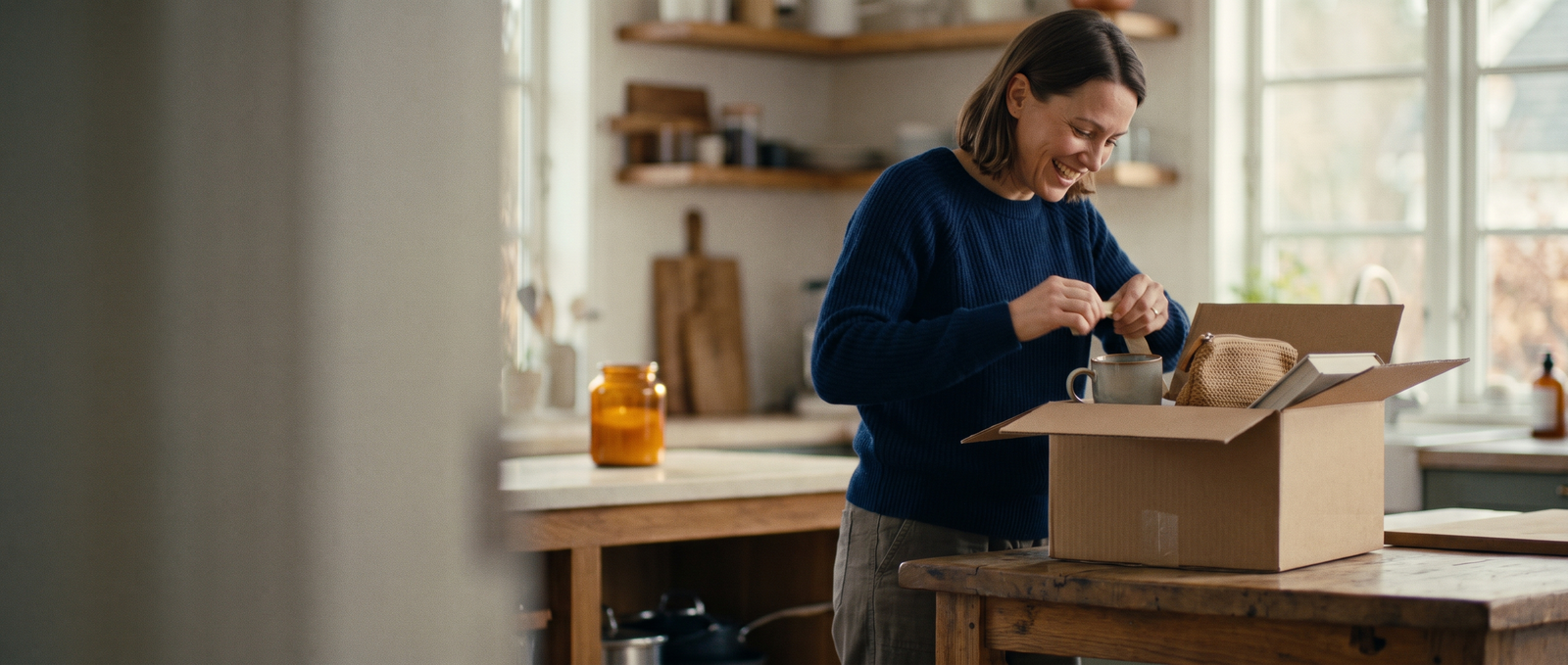 Happy customer opening a USA Secure Shop delivery box at home