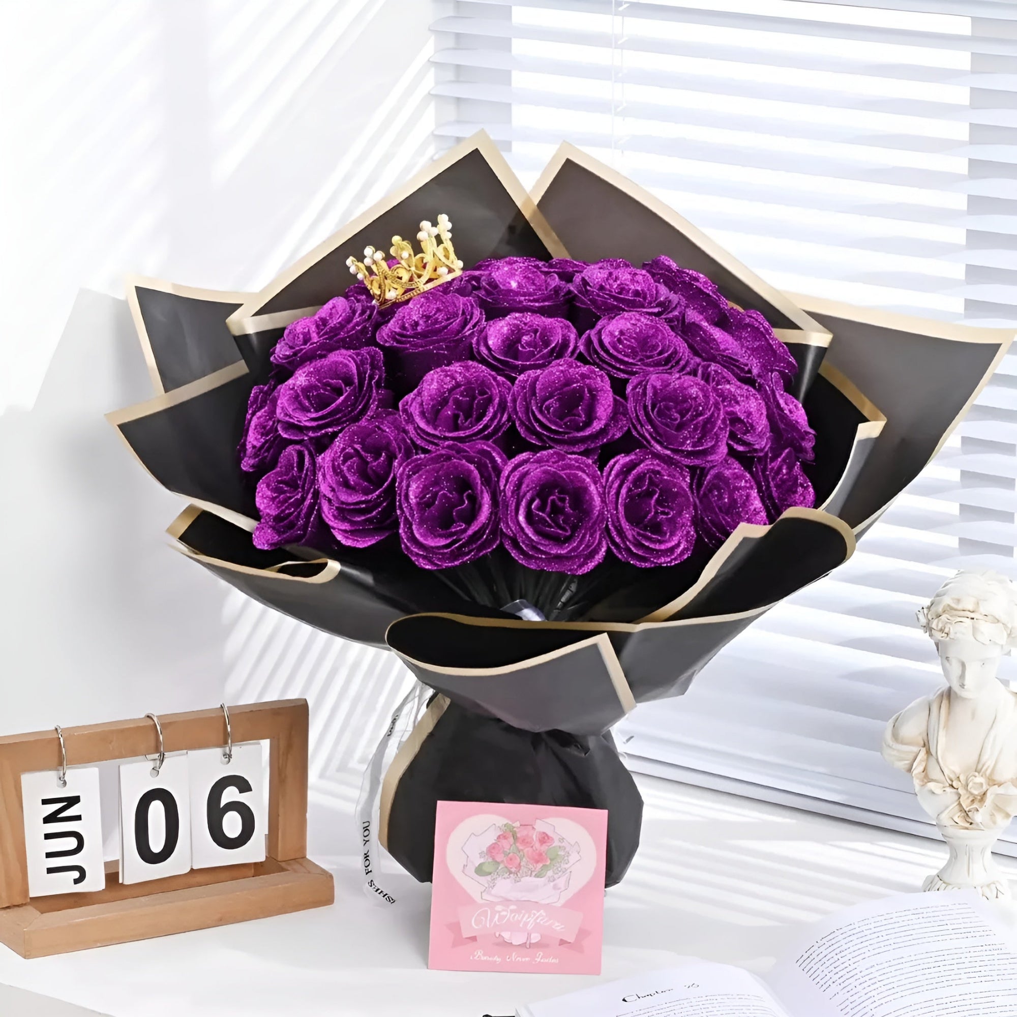 Customizable Glitter Rose Bouquet With Decorative Crown And Butterflies — view 5